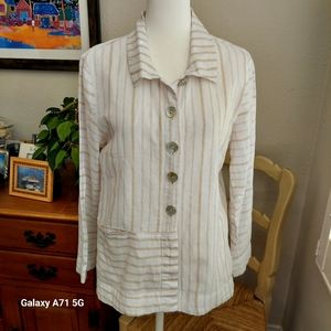 Habitat Linen Blouse Off White & Tan Stripe Button Down Long Sleeve Sz S